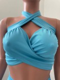 Sexy Solid Halter Hollow Bandage Mini Skirt 2 Piece Sets NIK-248