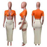 Sexy Short Sleeveless Hollow Long Skirt 2 Piece Sets NIK-247