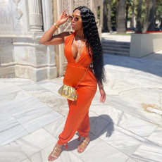 Solid V Neck Halter Backless Jumpsuit QSF-51010