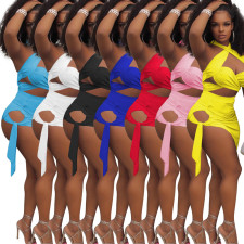 Sexy Solid Halter Hollow Bandage Mini Skirt 2 Piece Sets NIK-248