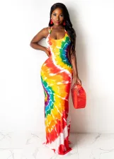 Tie Dye Print Cross Strap Split Maxi Dress WY-6763