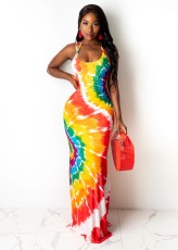 Tie Dye Print Cross Strap Split Maxi Dress WY-6763