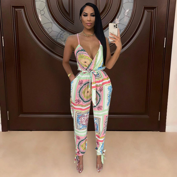 Fashion Casual Print Sling jumpsuit (With Belt) WMEF-2068