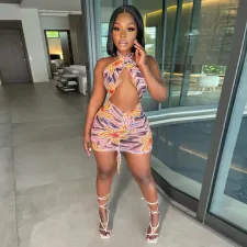 Fashion Sexy Print Hollow Mini Dress WMEF-2066