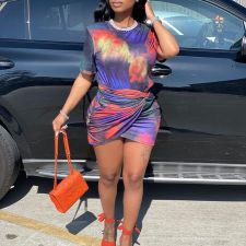 Tie Dye Short Sleeve Mini Skirt Two Piece Sets BDF-8080