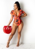 Floral Print V Neck Sashes One Piece Swimsuit WY-6773