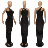 Sexy Solid One Shoulder Sleeve Maxi Dress WSM-5254