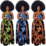 Plus Size Sexy Printed Halter Split Maxi Dress SH-5084