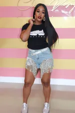 Fashion Tassel Splice Denim Shorts (Only Shorts)  ME-S857