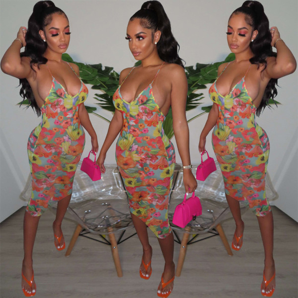 Sexy Floral Print Spaghetti Strap Midi Dress YNSF-16808