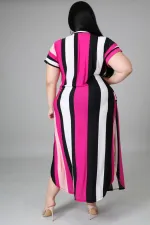 Plus Size V-neck Striped Print Short Sleeve Split Dress BMF-063