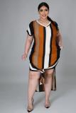 Plus Size V-neck Striped Print Short Sleeve Split Dress BMF-063