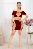 Plus Size Solid Off Shoulder Lace Up Mini Skirt 2 Piece Sets LX-5802