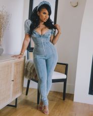 Plus Size Denim Puff Sleeve Skinny Jeans Jumpsuit LX-6086