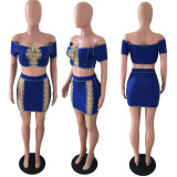Plus Size Solid Off Shoulder Lace Up Mini Skirt 2 Piece Sets LX-5802