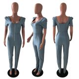 Plus Size Denim Puff Sleeve Skinny Jeans Jumpsuit LX-6086