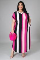 Plus Size V-neck Striped Print Short Sleeve Split Dress BMF-063