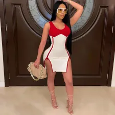 Sexy Sleeveless Patchwork Zipper Mini Dress YMEF-5026