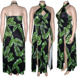 Plus Size Sexy Printed Halter Split Maxi Dress SH-5084