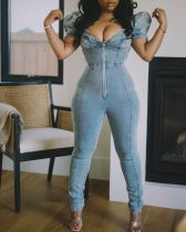 Plus Size Denim Puff Sleeve Skinny Jeans Jumpsuit LX-6086