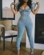 Plus Size Denim Puff Sleeve Skinny Jeans Jumpsuit LX-6086