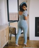 Plus Size Denim Puff Sleeve Skinny Jeans Jumpsuit LX-6086