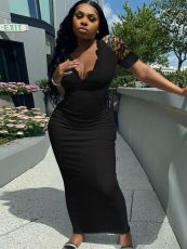 V-neck Lace Splice Short Sleeve Slim Sexy Long Dress  ME-S884