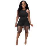 Casual Solid Color Tank Top And Tassel Shorts Two Piece Sets ME-S883