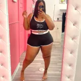 Plus Size Letter Print Tank Top And Shorts 2 Piece Sets WAF-7203