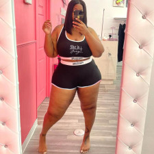 Plus Size Letter Print Tank Top And Shorts 2 Piece Sets WAF-7203
