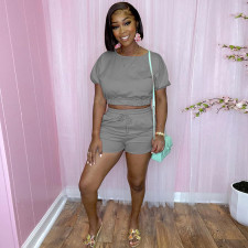 Solid Color Casual Short Sleeve Shorts  Two Piece Sets DMF-8179