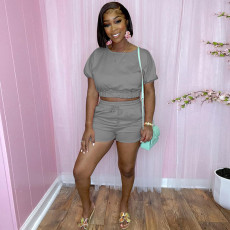 Solid Color Casual Short Sleeve Shorts  Two Piece Sets DMF-8179