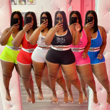 Plus Size Letter Print Tank Top And Shorts 2 Piece Sets WAF-7203