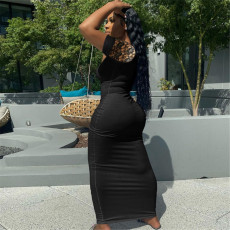 V-neck Lace Splice Short Sleeve Slim Sexy Long Dress  ME-S884