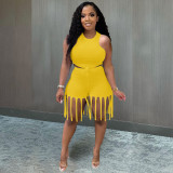 Casual Solid Color Tank Top And Tassel Shorts Two Piece Sets ME-S883