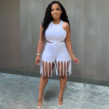 Casual Solid Color Tank Top And Tassel Shorts Two Piece Sets ME-S883