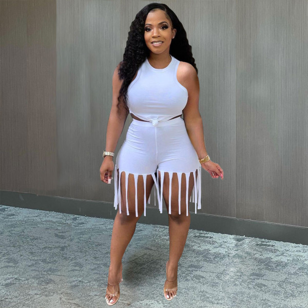 Casual Solid Color Tank Top And Tassel Shorts Two Piece Sets ME-S883