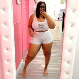 Plus Size Letter Print Tank Top And Shorts 2 Piece Sets WAF-7203