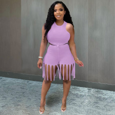 Casual Solid Color Tank Top And Tassel Shorts Two Piece Sets ME-S883