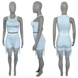 Casual Solid Color Tank Top And Tassel Shorts Two Piece Sets ME-S883