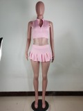 Solid Color Sexy Vest Pleated Skirt Two Piece Sets LUO-3168