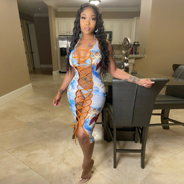 Angel Print Sleeveless Lace-Up Bandage Beach Dress YNSF-16805