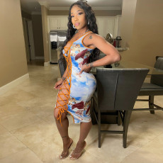 Angel Print Sleeveless Lace-Up Bandage Beach Dress YNSF-16805