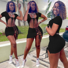 Solid Lace Up Mini Skirt Two Piece Sets AL-256