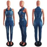 Plus Size Denim Ripped Hole Sleeveless Jeans Jumpsuit LX-6898