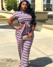 Plus Size Casual Striped Tie-Up 2 Piece Pants Set XMF-063