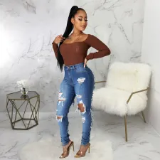 Denim Ripped Hole High Waist Skinny Jeans Pencil Pants HSF-2508
