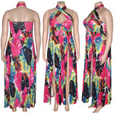 Plus Size Printed Halter High Split Maxi Dress SH-5075