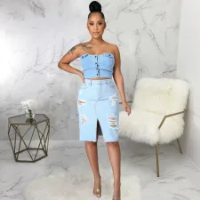 Denim Ripped Hole Split Midi Skirt HSF-2521