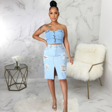 Denim Ripped Hole Split Midi Skirt HSF-2521